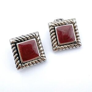 Vintage Square Clip On Earrings - Southwestern Style Red w Silver Rope Border